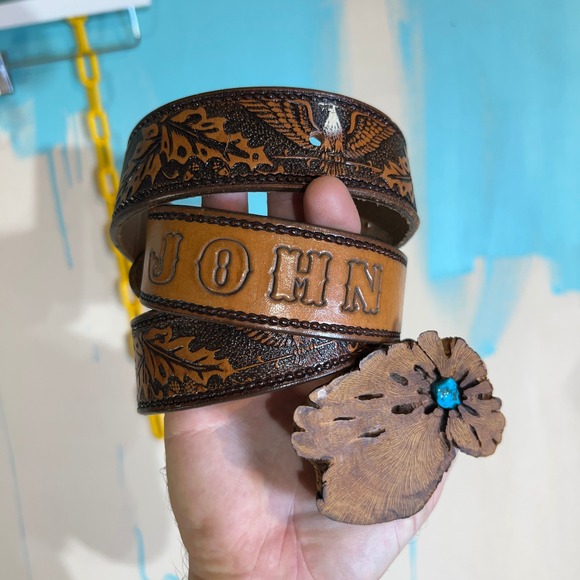 Vintage Leather John‎ Belt Turquoise Wooden Buckle Handcrafted 45
